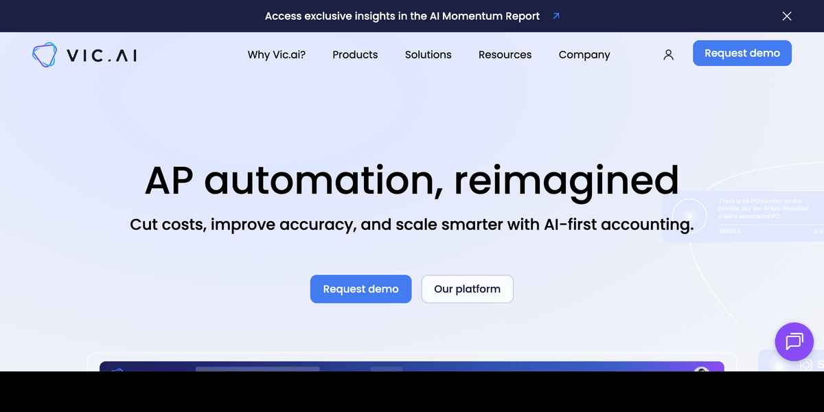 Vic.ai autonomous accounts payable platform first screen showing touchless invoice processing with confidence scoring