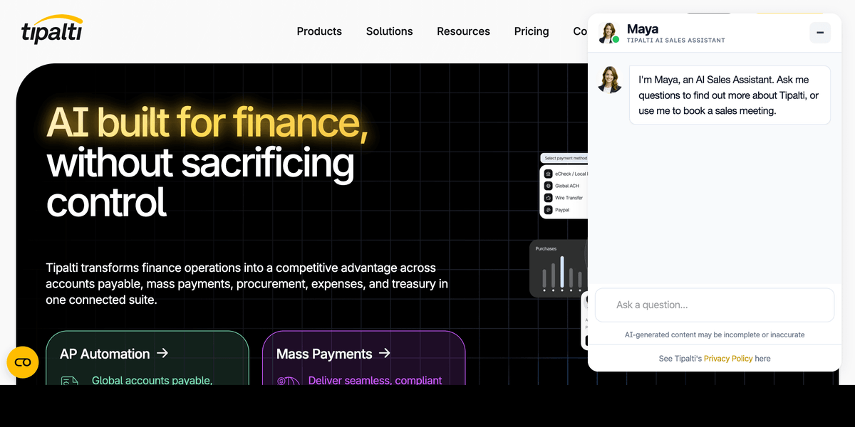 Tipalti global mass payout platform first screen showing international payments, tax compliance, and PO matching for finance operations