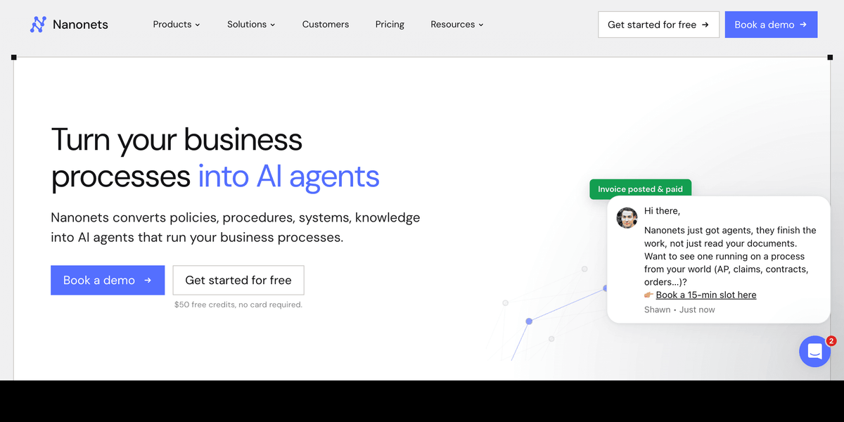 Nanonets usage-based document extraction platform first screen showing per-block AI extraction and workflow agents for finance data