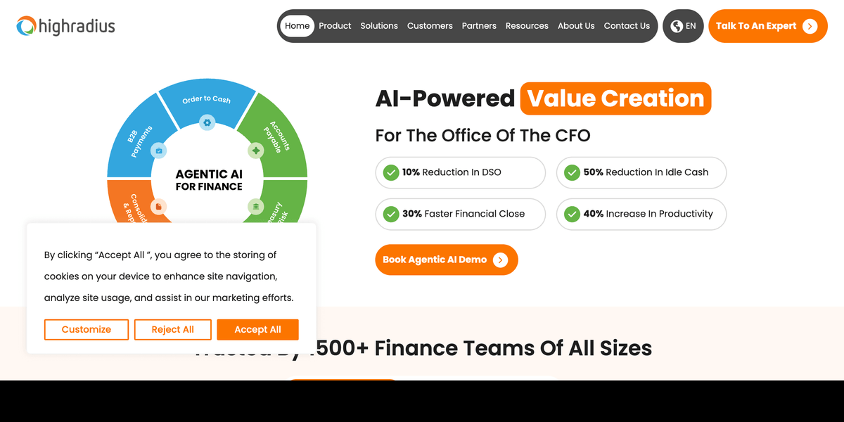 HighRadius enterprise accounts receivable platform first screen showing order-to-cash and treasury agents for the office of the CFO