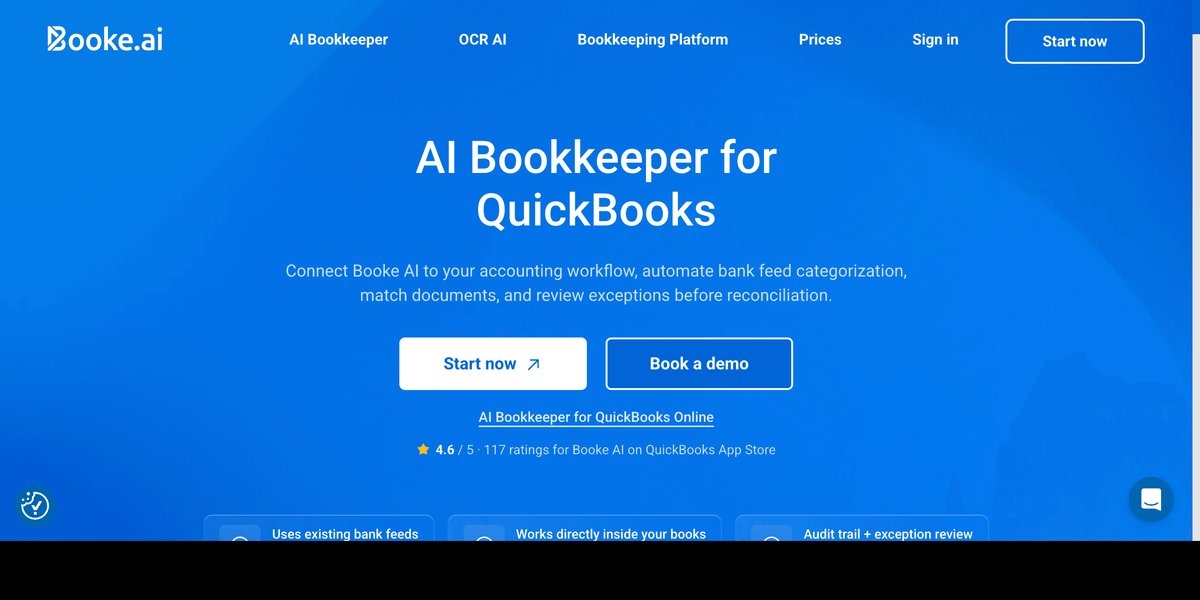 Booke.ai bookkeeping automation platform first screen showing AI transaction categorization and client-query automation for accounting firms