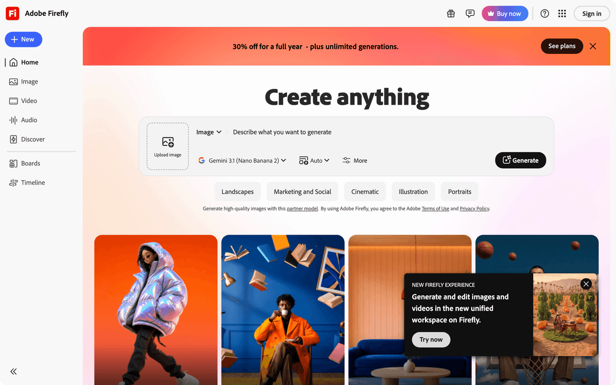 Adobe Firefly AI image generator homepage