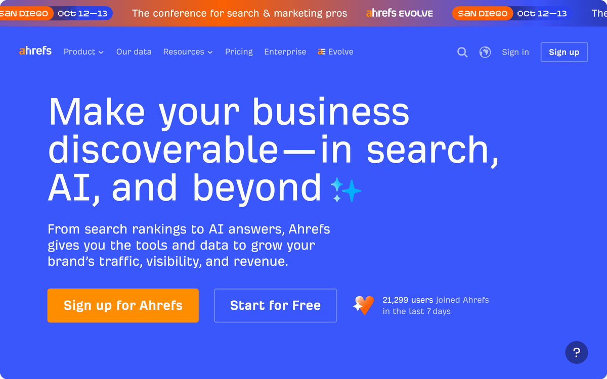 Ahrefs homepage hero showing the site explorer and backlink analysis tools