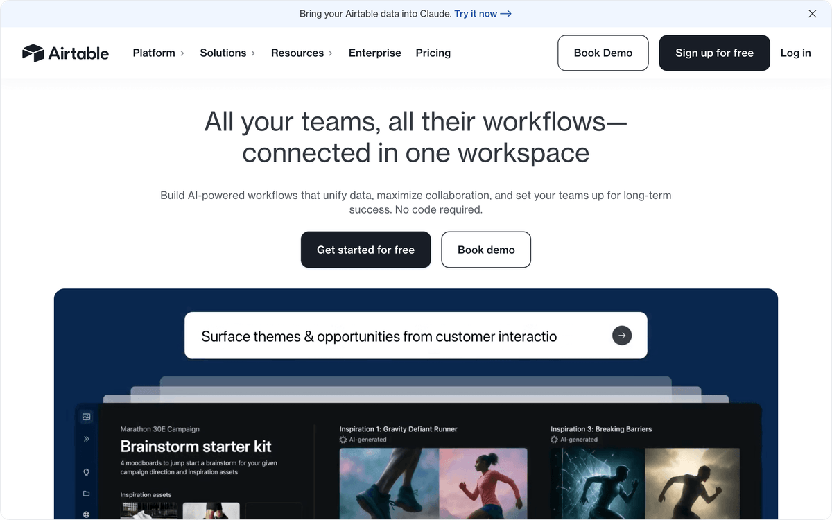 Primeira tela do site da Airtable mostrando Field Agents de IA que raciocinam sobre registros estruturados em uma base de dados