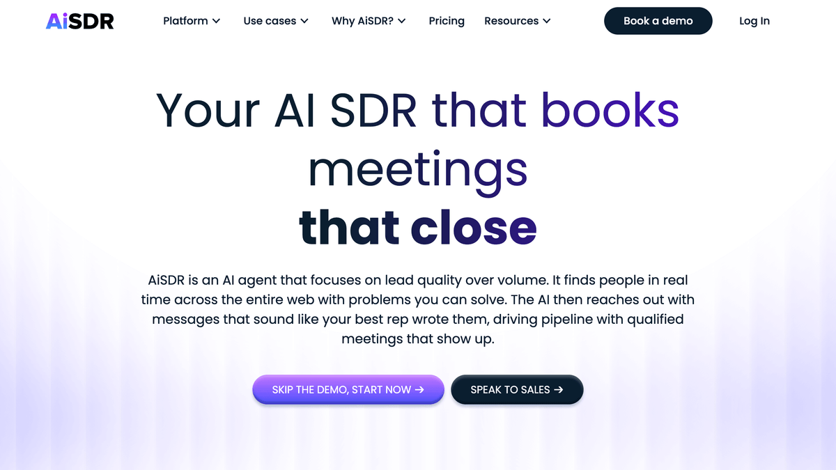 AiSDR homepage, AI SDR that books meetings with transparent pricing
