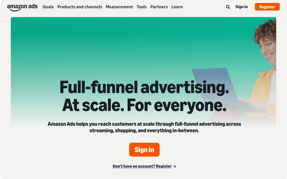 Amazon Ads homepage first screen for sponsored product ads and display campaigns