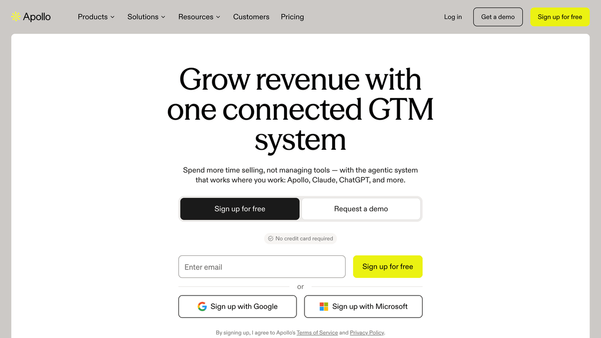 Apollo.io homepage, all-in-one sales platform with a contact database