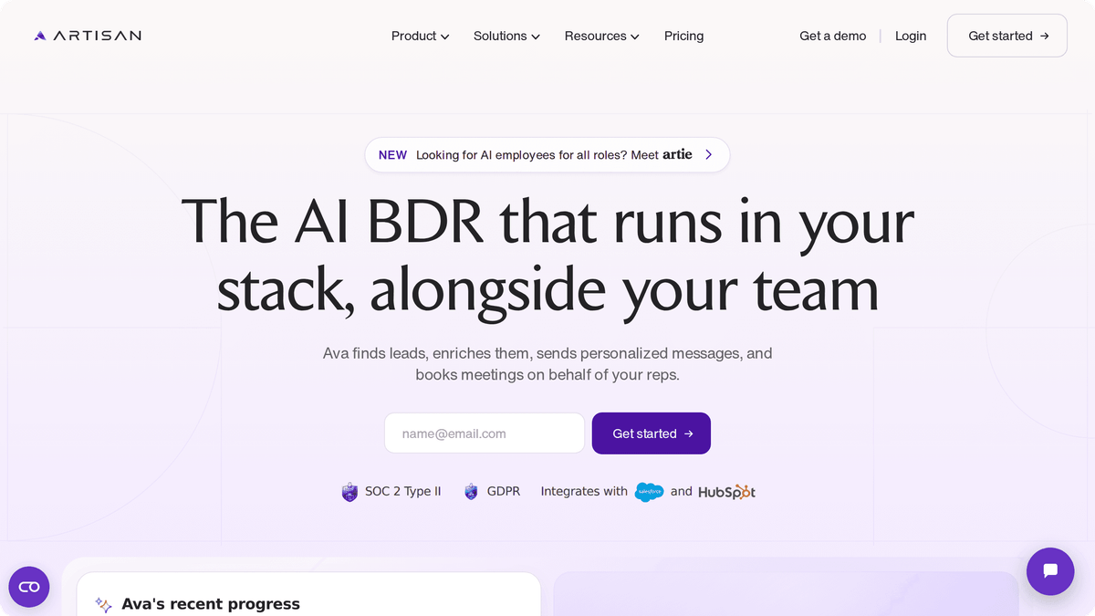 Artisan homepage featuring Ava, the AI BDR that finds leads and books meetings