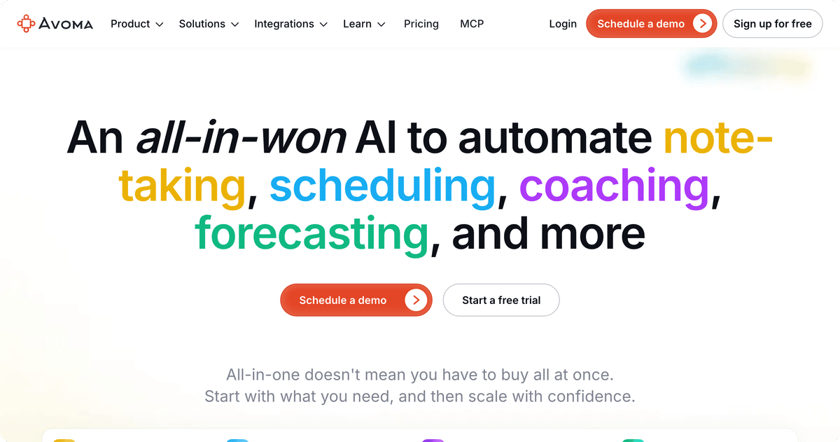 Avoma AI meeting assistant homepage showing note-taking, scheduling, and coaching automation