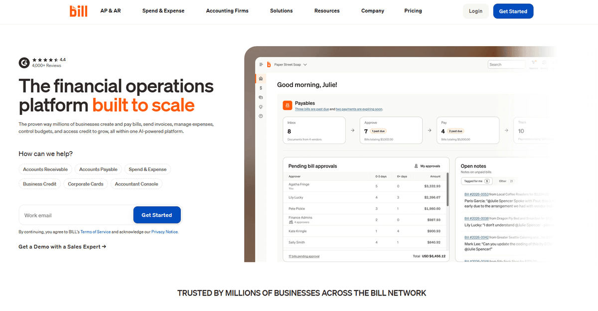 BILL homepage showing accounts payable, invoicing and expense management for growing businesses