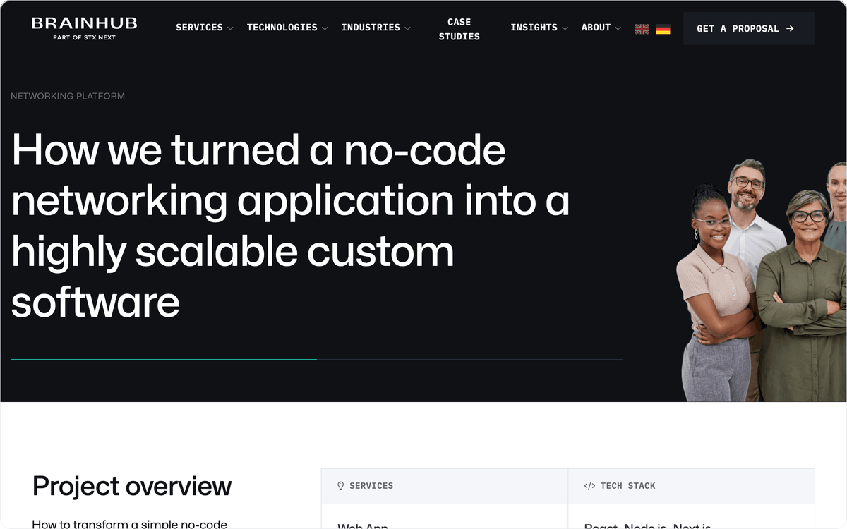 Brainhub case study of a networking platform rebuilt from a Bubble MVP, first screen