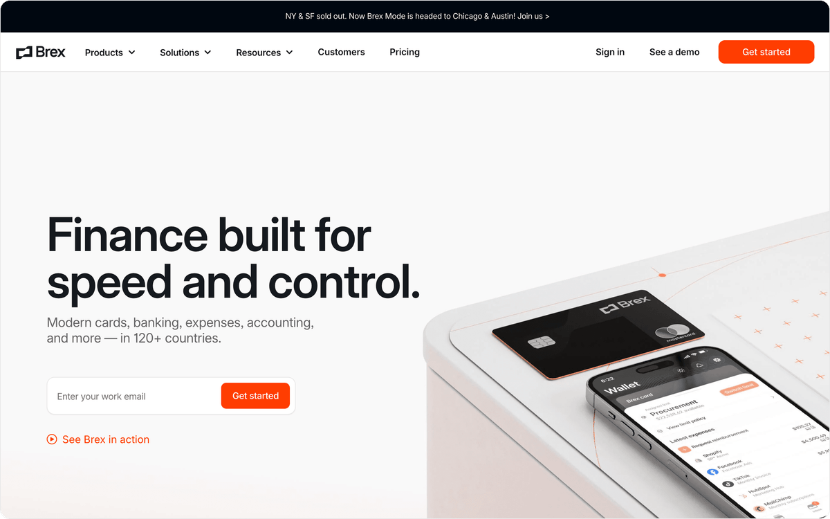 Brex software de gestão de despesas primeira tela mostrando cartões, viagens e contas a pagar em um único painel