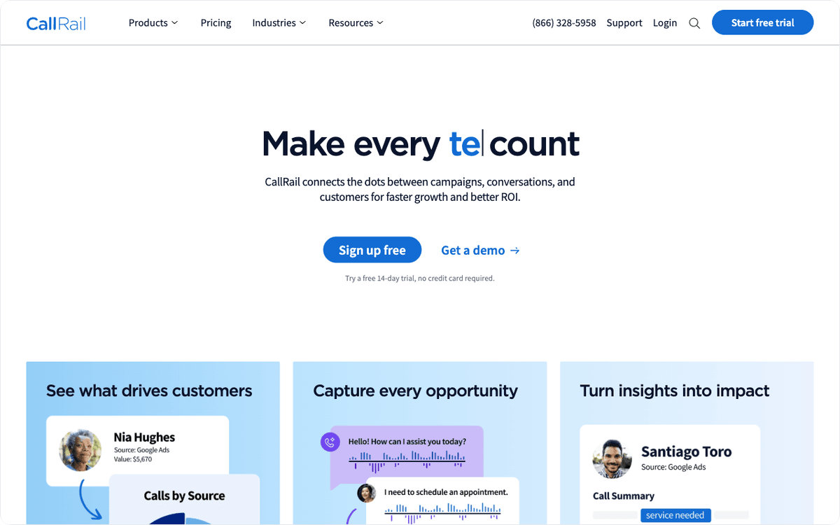 CallRail hero section showing the call tracking and marketing attribution platform