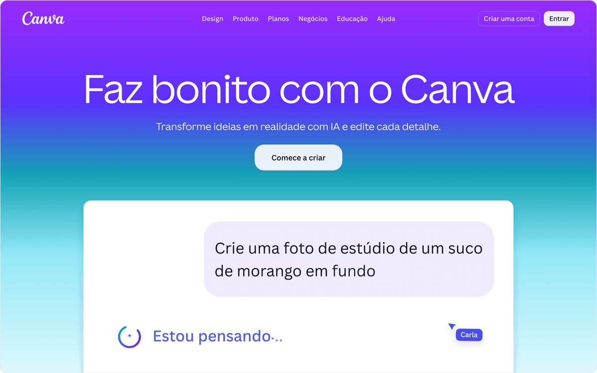 Página inicial do Canva em português, editor de design com ferramentas de IA para fotos de produto