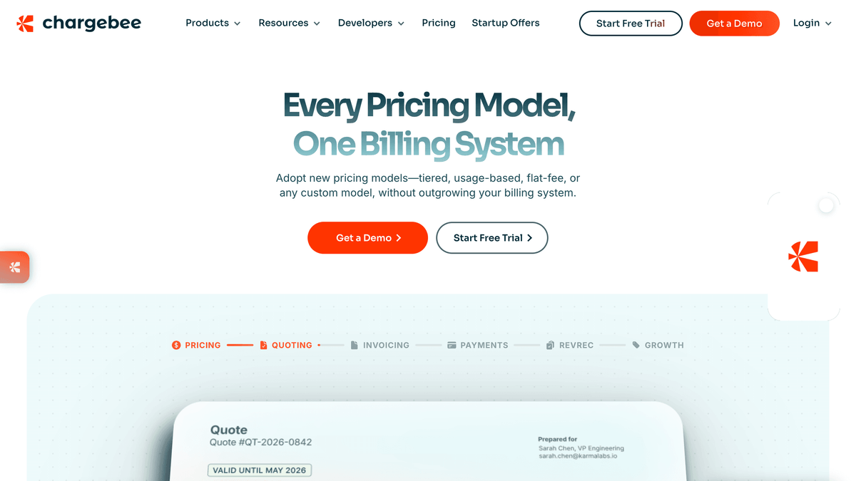 Chargebee subscription management software first screen showing the billing dashboard and recurring revenue tools