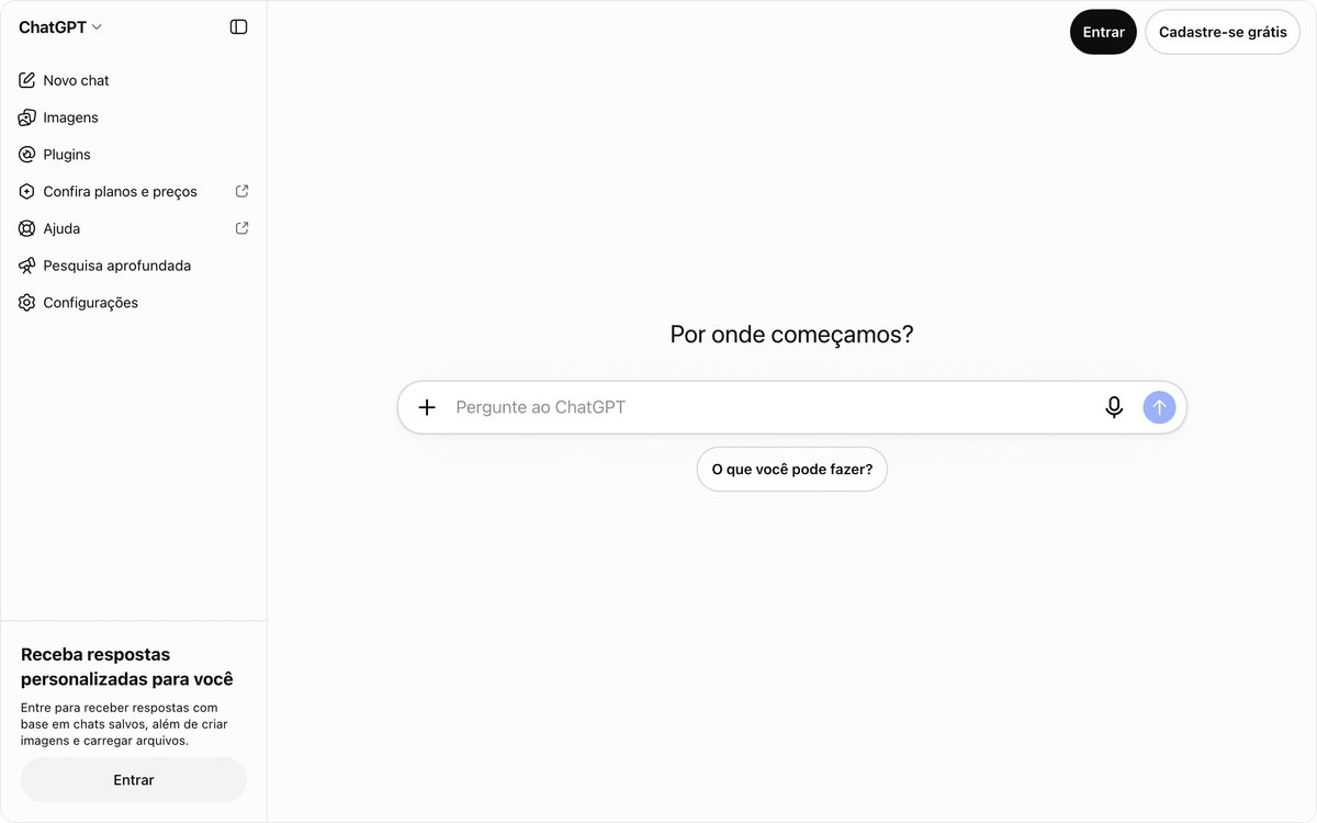 Tela inicial do ChatGPT em português, assistente de IA usado para rascunhos de descrição de produto
