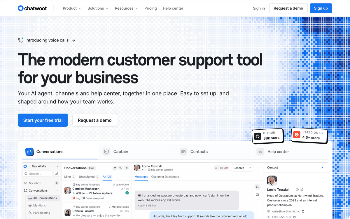 Chatwoot homepage: open-source customer support platform with a shared conversations inbox