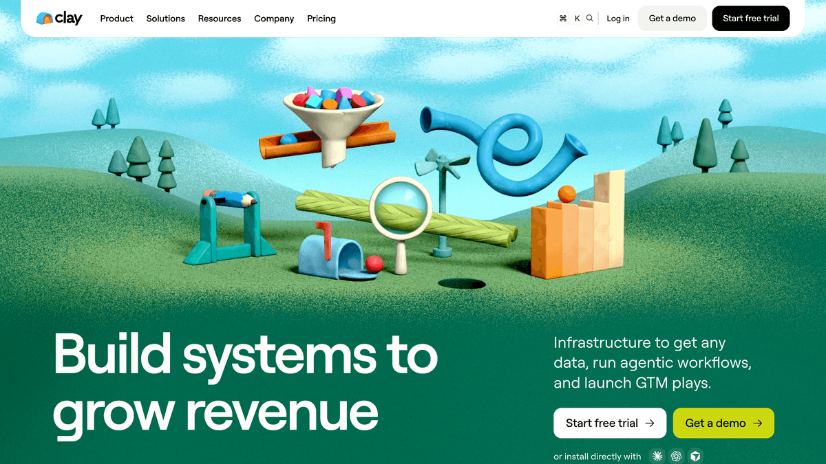 Clay homepage, data enrichment and agentic workflows platform for outbound sales