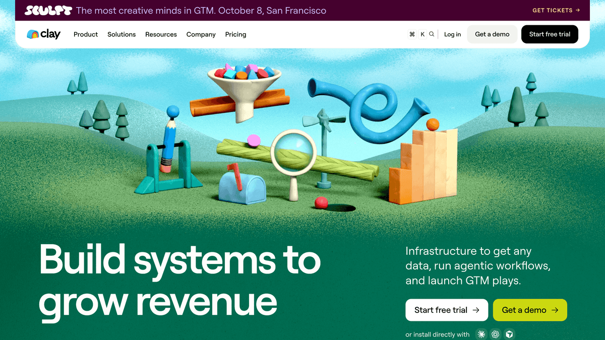 Clay hero screen showing account list building and data enrichment across multiple sources