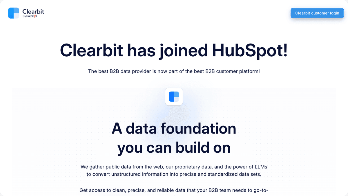 Clearbit Breeze Intelligence hero section showing HubSpot-native data enrichment
