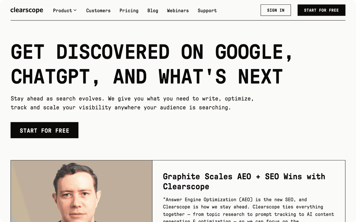 Clearscope homepage hero showing the premium content grading and topic coverage interface