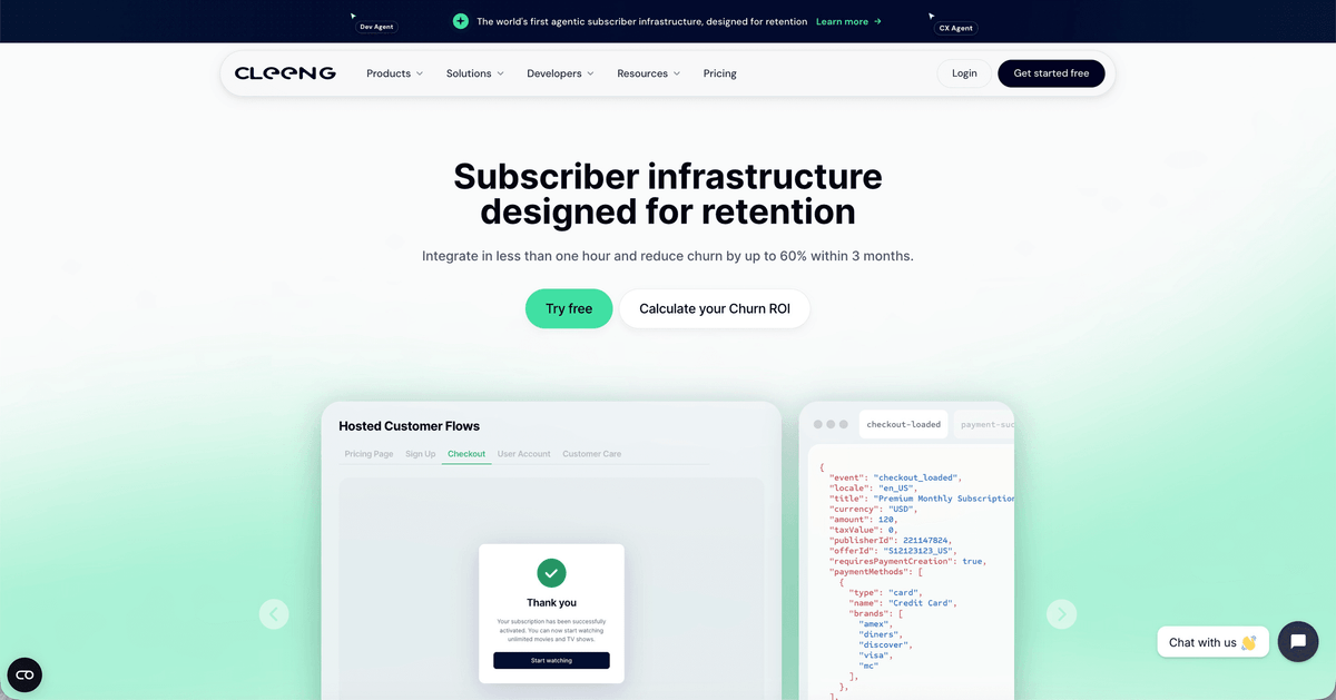 Cleeng subscription management platform homepage showing subscriber infrastructure built for retention