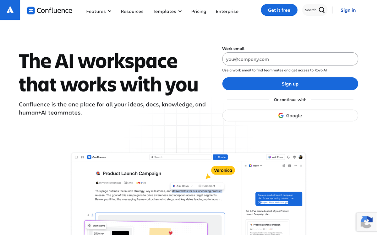 Confluence knowledge base software first screen showing Atlassian spaces and product documentation