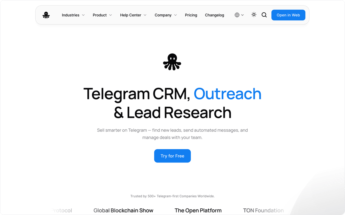 CRMchat homepage: Telegram CRM, outreach and lead research platform