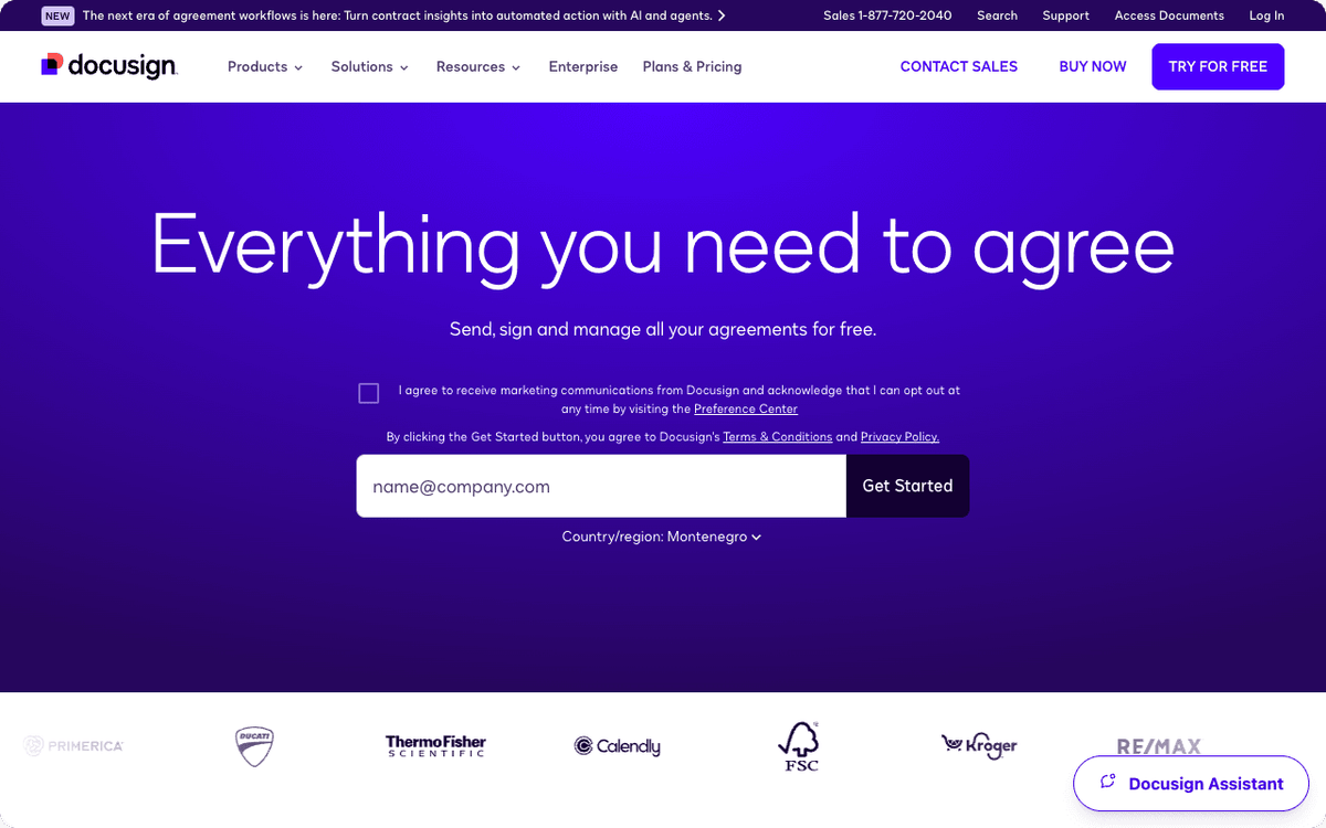 DocuSign homepage screenshot showing the e-signature platform hero section