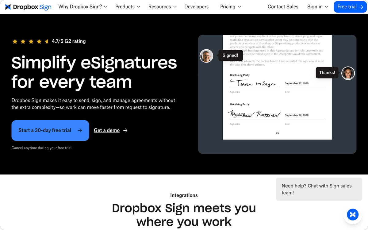 Dropbox Sign homepage screenshot showing the e-signature service