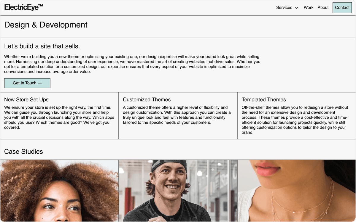 Electric Eye Shopify theme design and development page, first screen