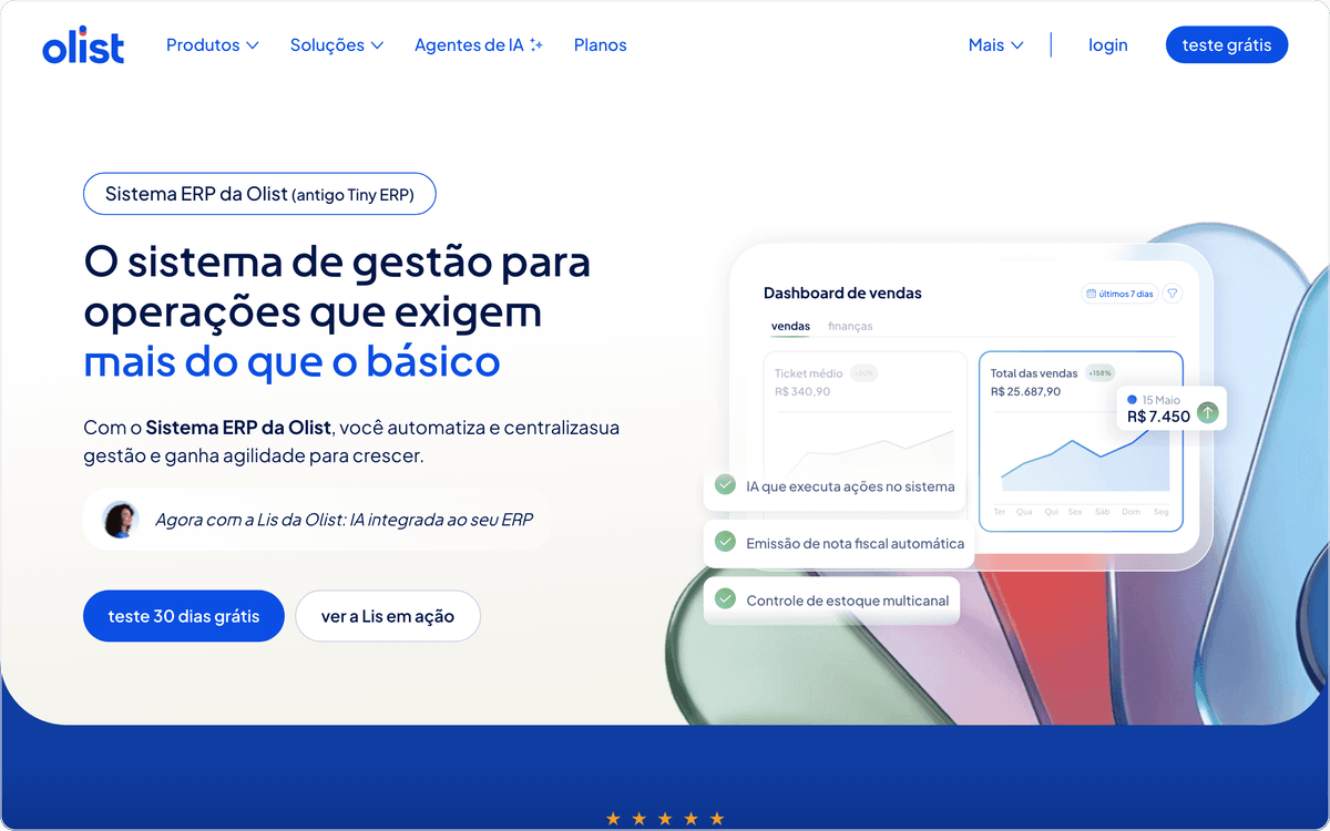 Página do ERP da Olist, antigo Tiny ERP, com o teste grátis de 30 dias