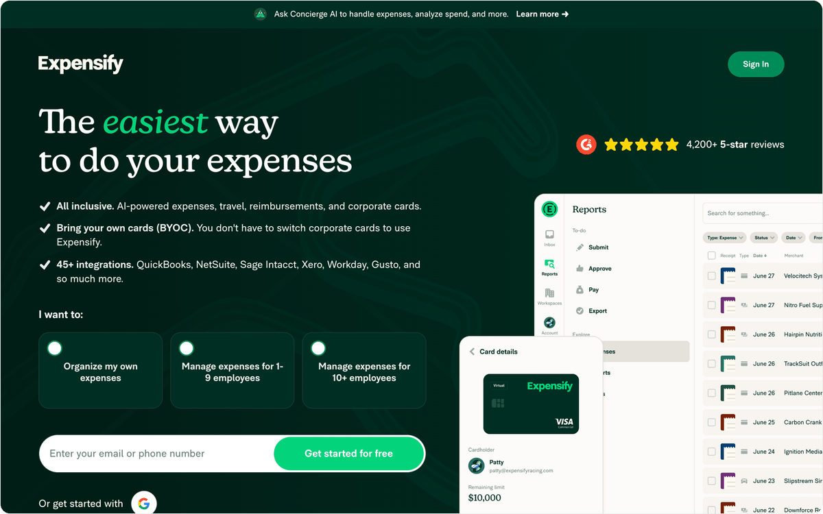 Expensify software de gestão de despesas primeira tela mostrando captura de recibo SmartScan e reembolsos independentes de cartão