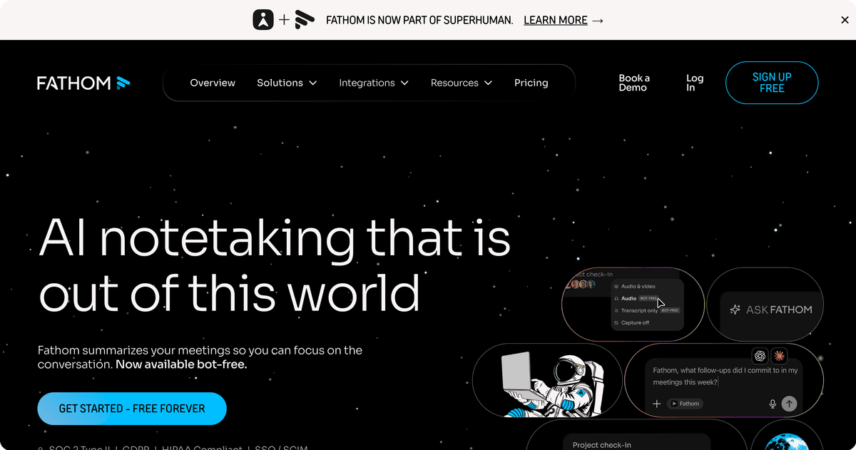 Fathom AI notetaking homepage with free-forever meeting summaries