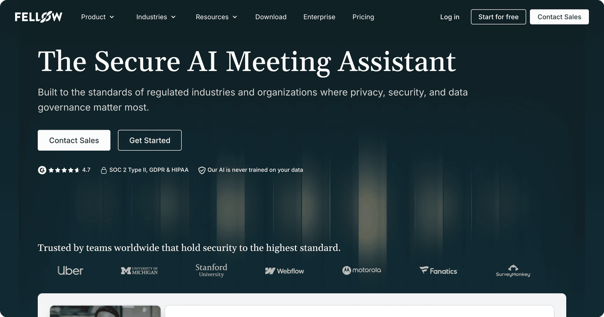 Fellow secure AI meeting assistant homepage for regulated teams