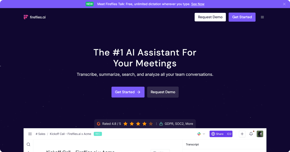 Fireflies.ai AI meeting assistant homepage for transcribing and analyzing team conversations