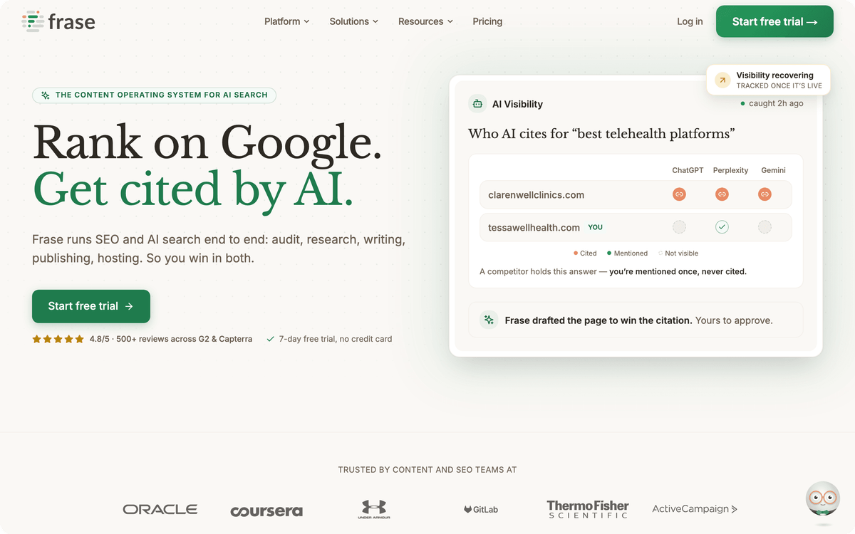 Frase homepage hero showing the AI content editor and brief generation interface