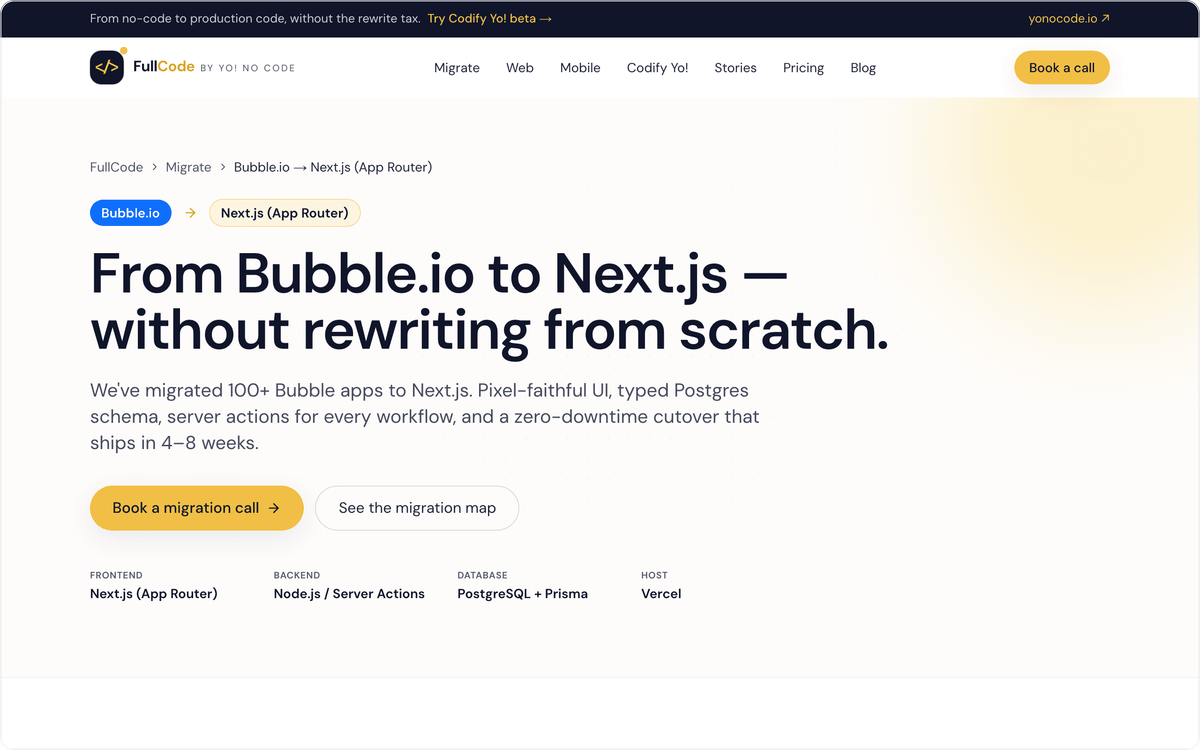 FullCode Bubble to Next.js migration page, first screen