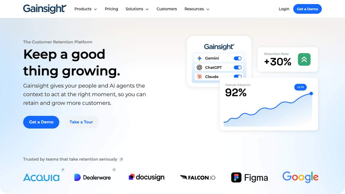 Gainsight CS homepage hero showing customer success platform features
