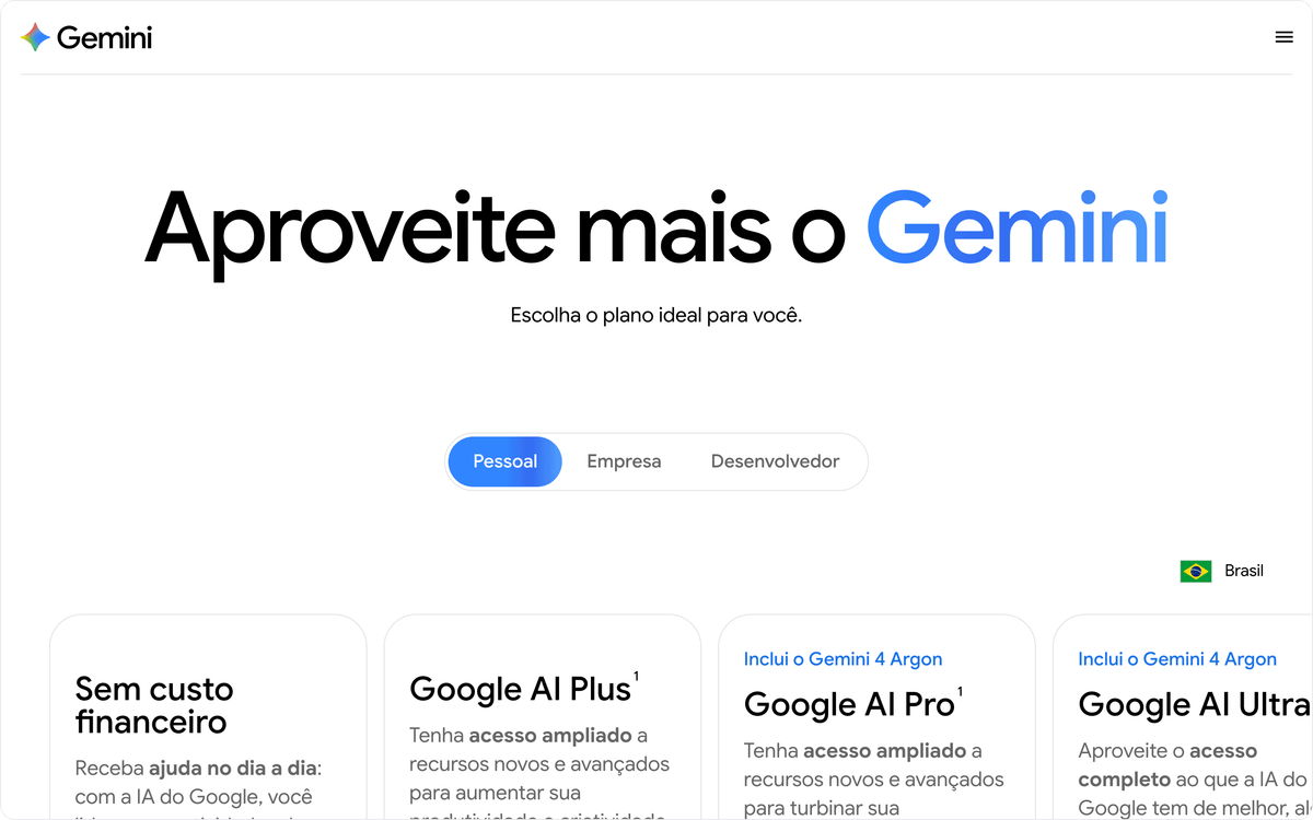 Página de planos do Gemini no Brasil, com a versão sem custo, o Google AI Plus e o Google AI Pro