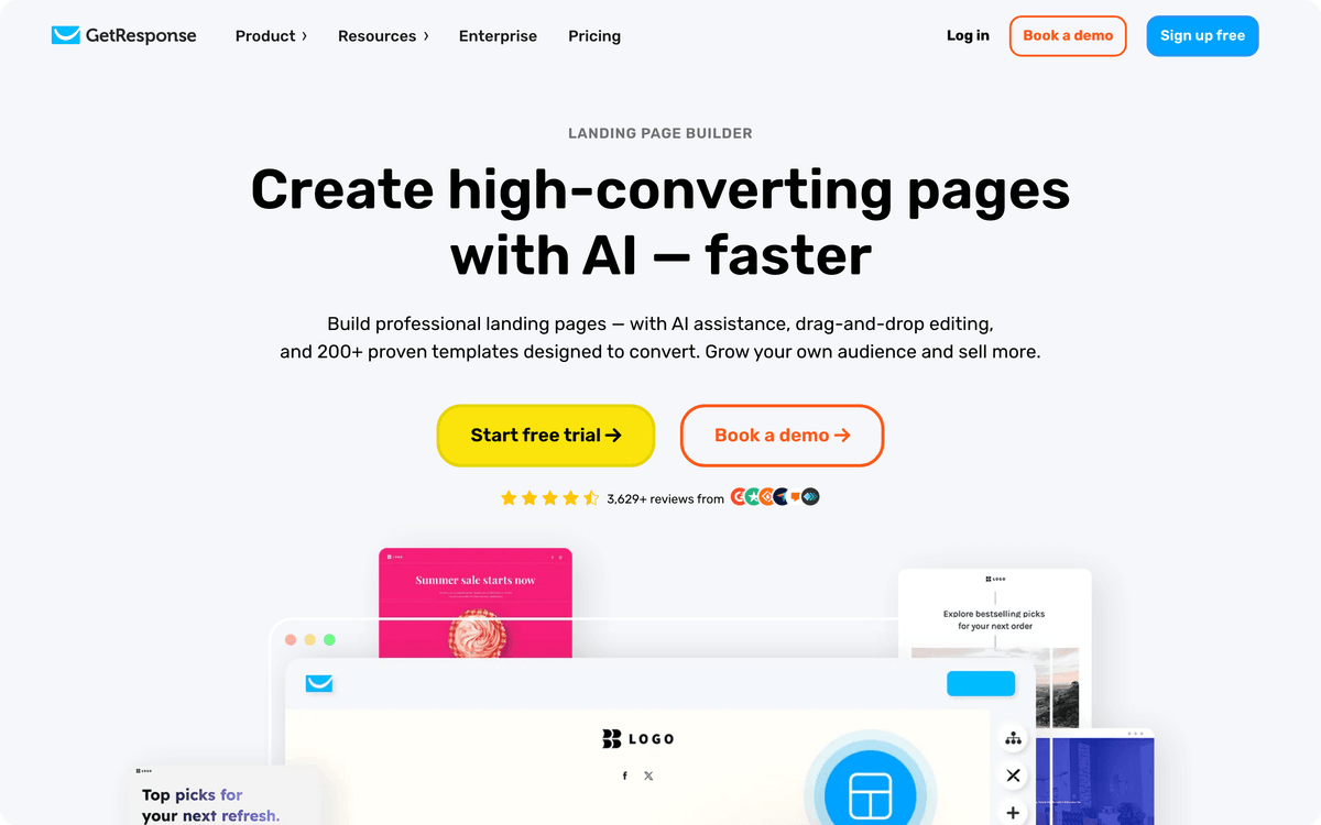 GetResponse homepage: landing page builder interface and features overview