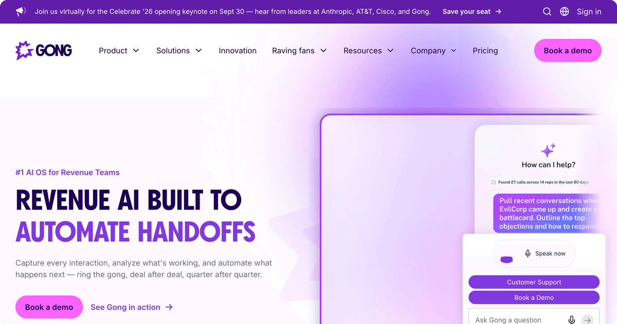 Gong revenue intelligence platform homepage for sales teams