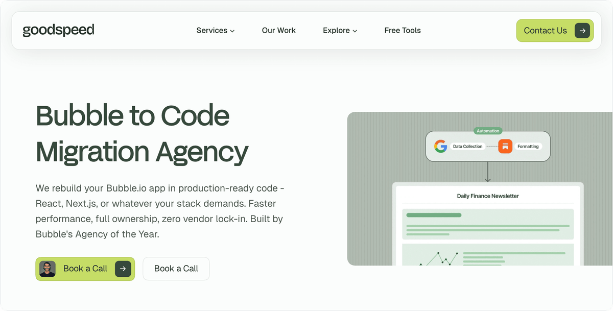 Goodspeed Bubble to code migration agency page, first screen