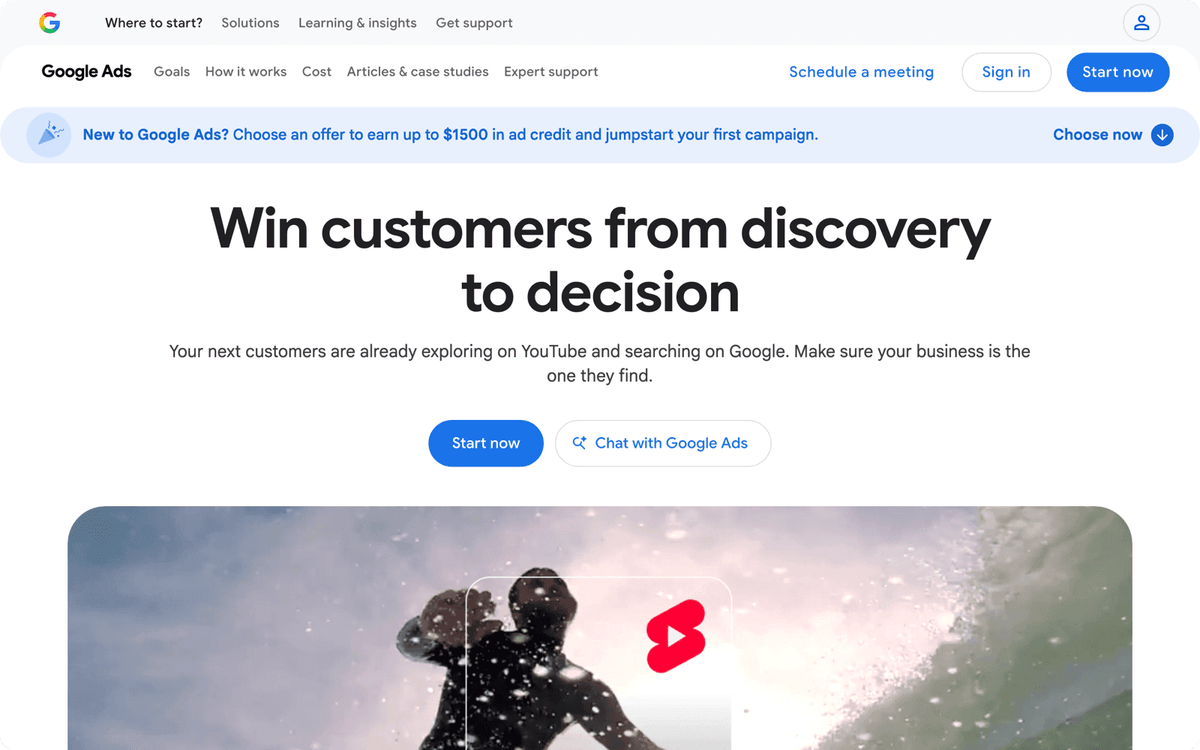 Google Ads product page first screen, the search advertising platform ranked first for capturing active buyer intent