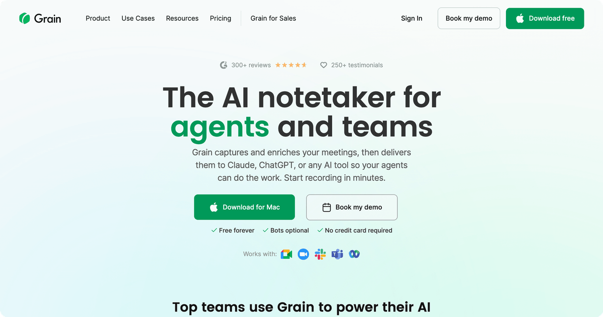 Grain AI notetaker homepage for sales coaching and deal review