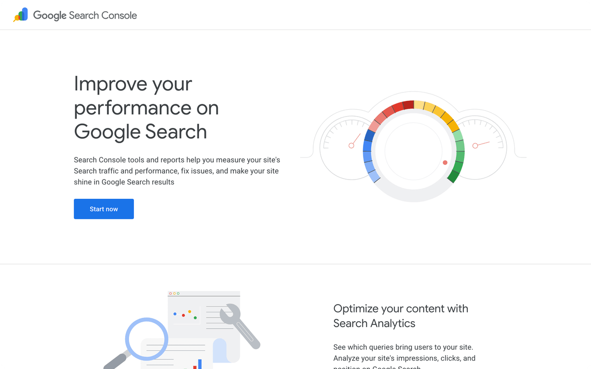 Google Search Console homepage showing the free first-party search analytics dashboard