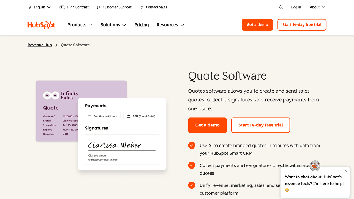 HubSpot Revenue Hub CPQ quoting inside the deal record screenshot