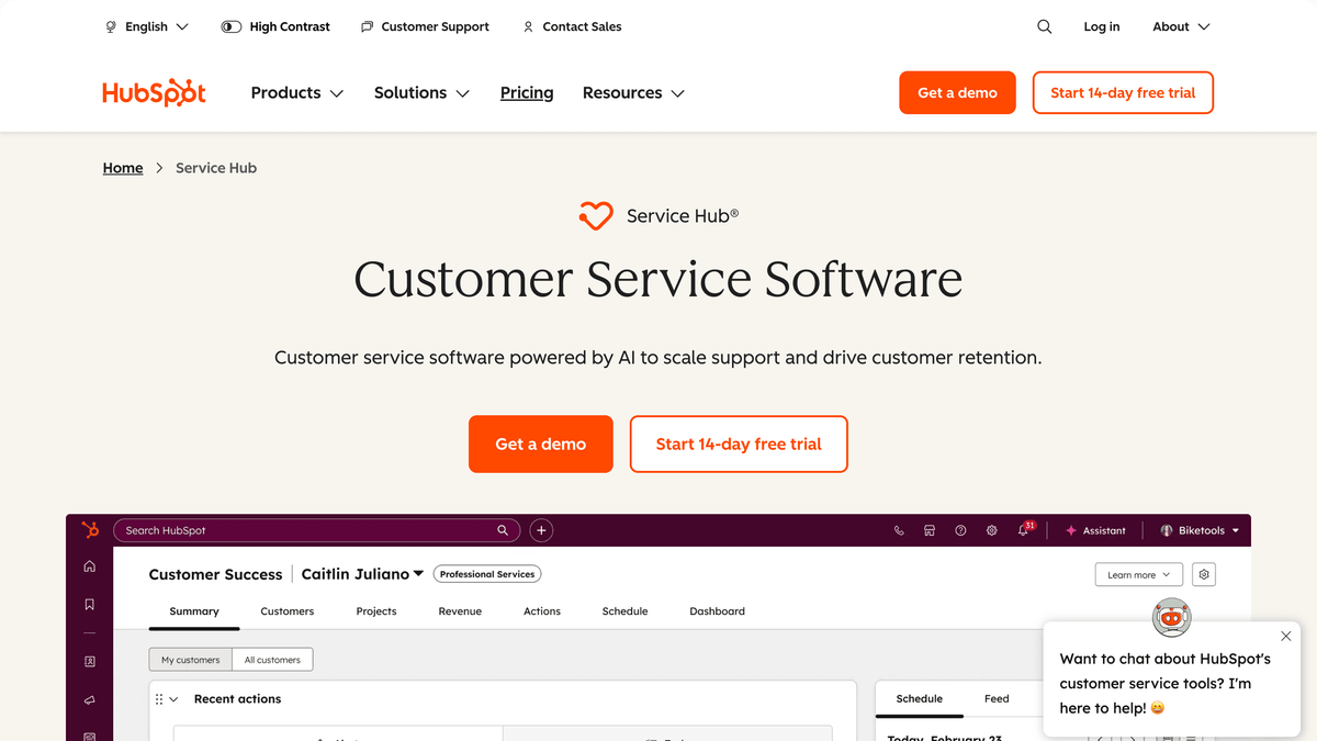 Página do Service Hub da HubSpot mostrando o Breeze Customer Agent dentro do CRM da HubSpot