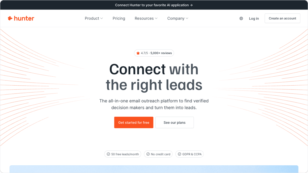 Hunter hero section showing email finding and verification for sales outreach