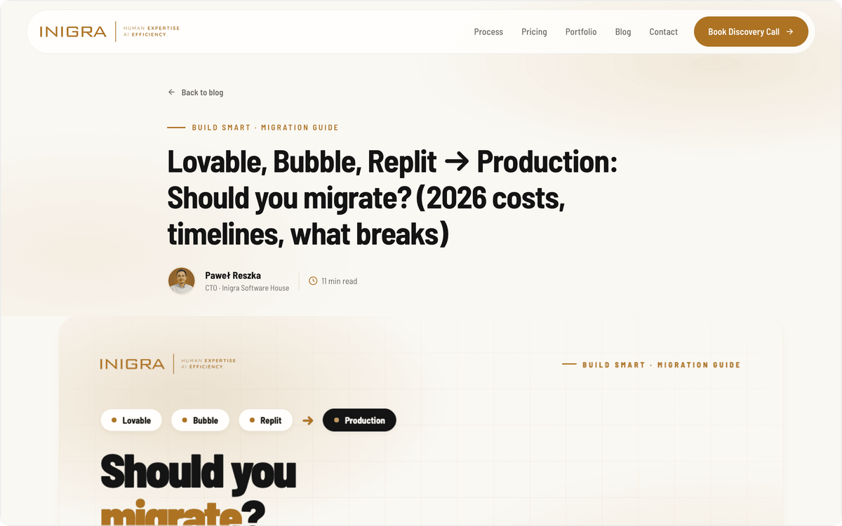 Inigra guide to moving Lovable, Bubble and Replit apps to production, first screen